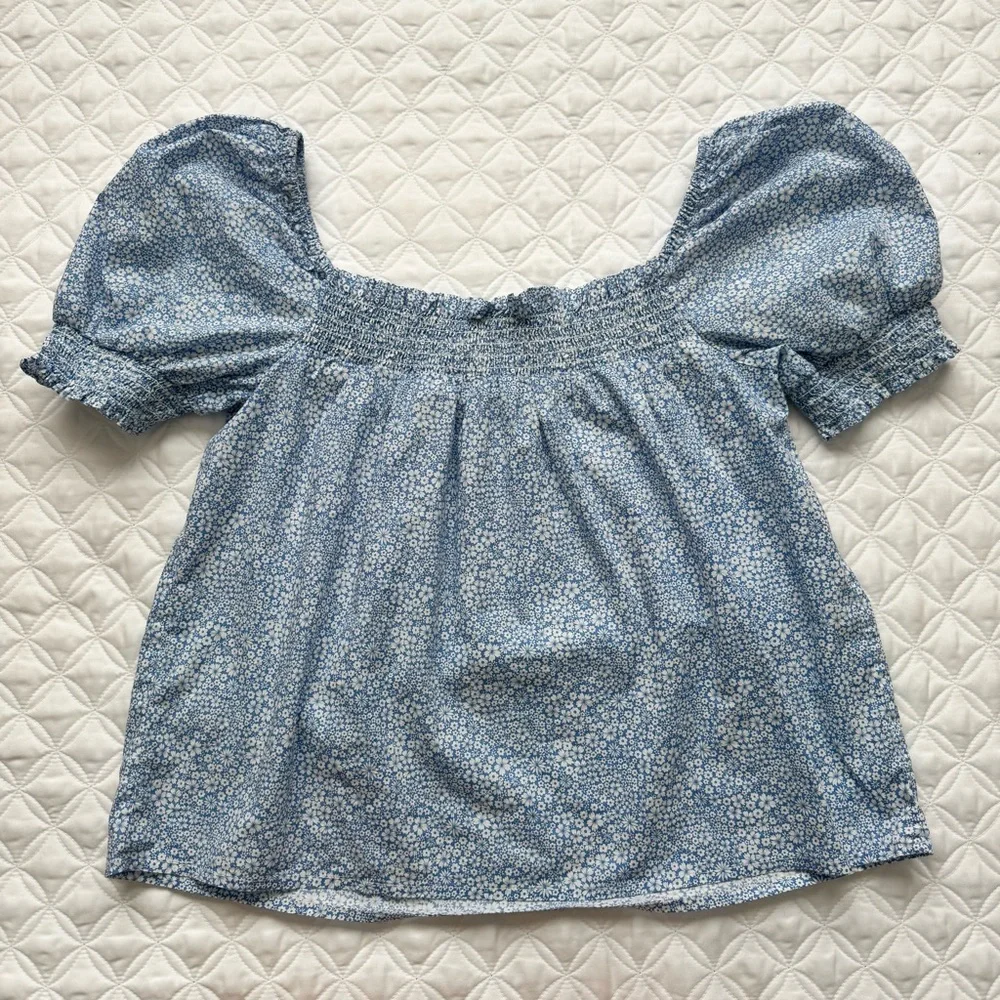 J Crew Liberty Jacqueline's Blossom Floral Blue Smocked Puff Sleeve Top Size M